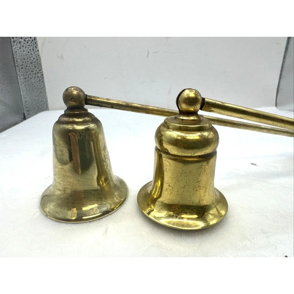 VTG  Brass 9 & 8 In Candle Snuffers Set of 2 Hinged Bell Candle Extinguishers